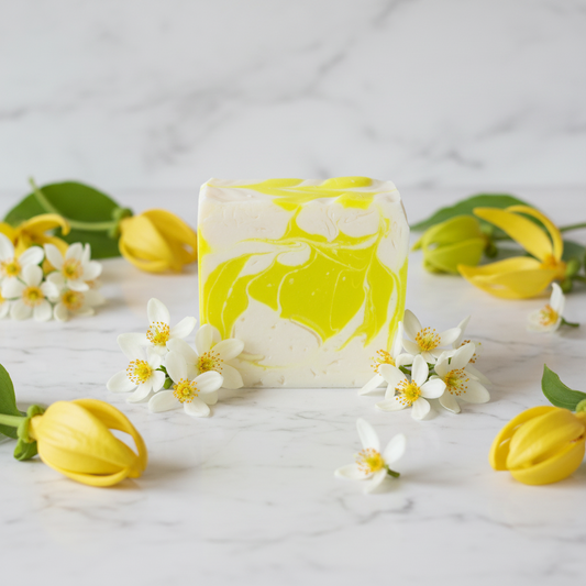 Marbled soap bar with yellow and white design on a white background