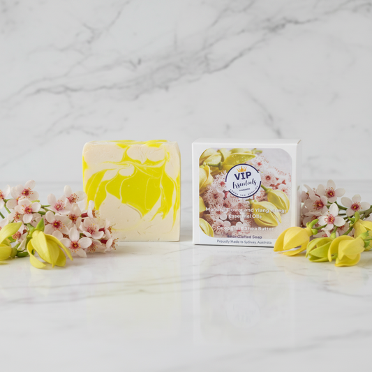 Marbled soap bar with a VIP Lavender packaging on a white background
