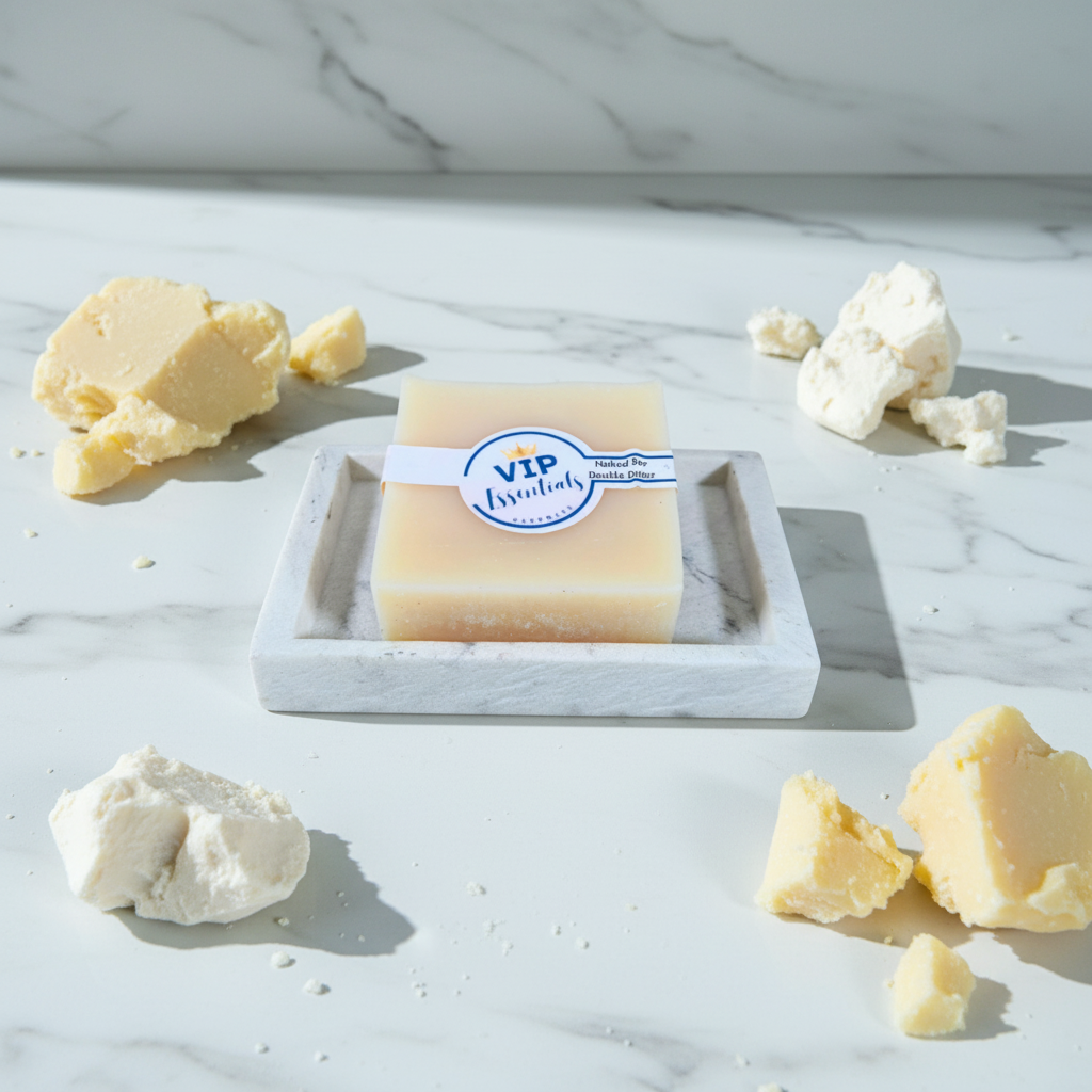 Bar of soap with a label on a white dish against a blue background
