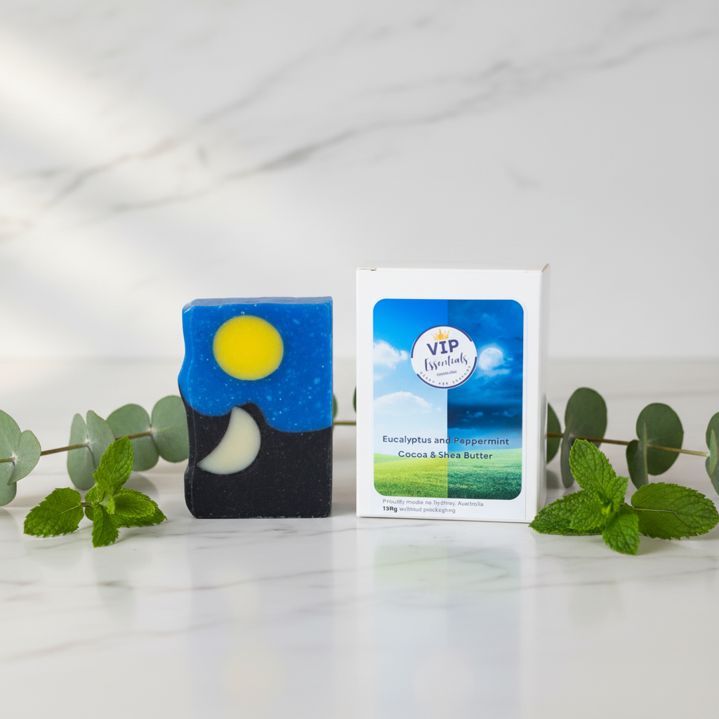 Bar of soap with moon and sun design next to its packaging on a white surface with green leaves.