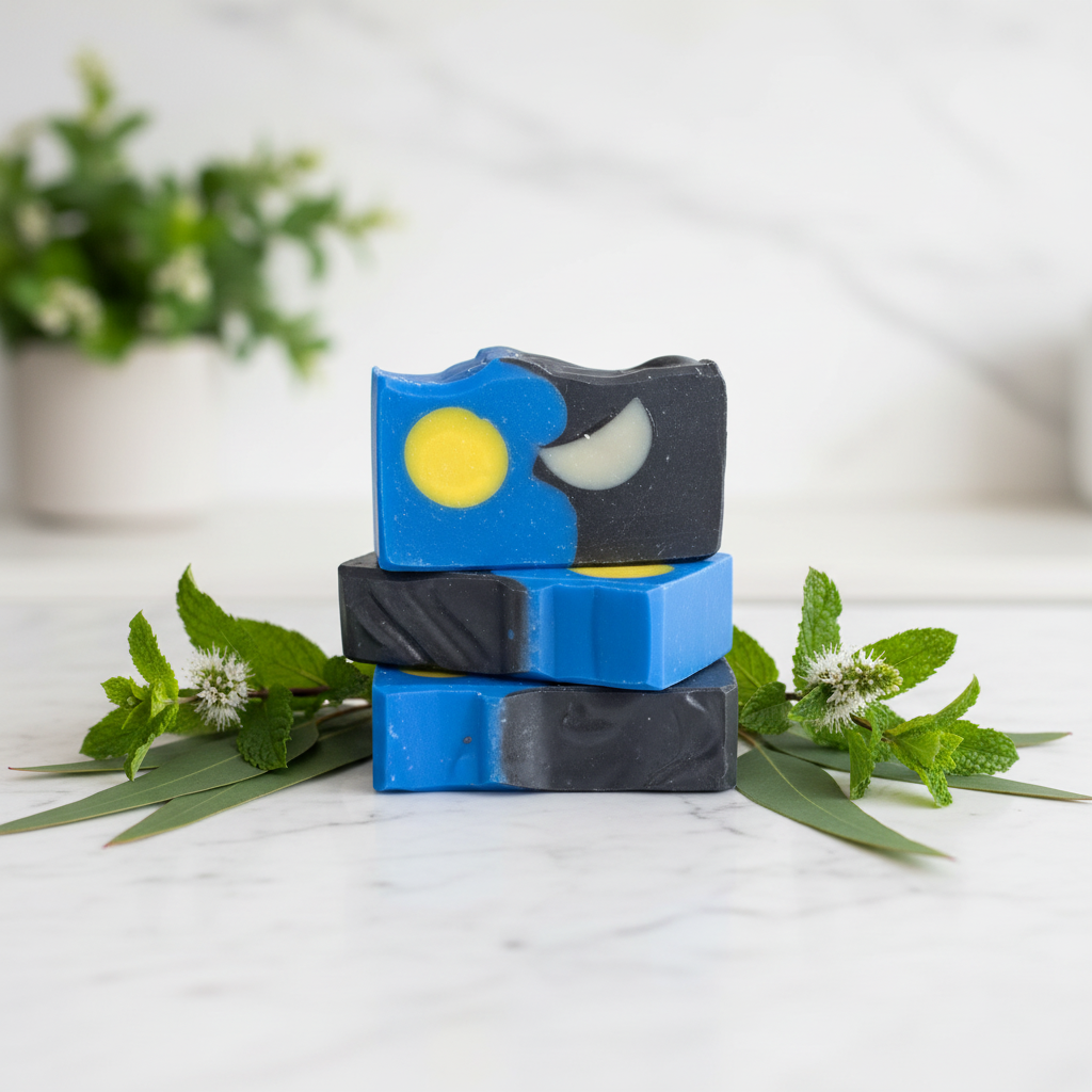 Three blue and black soap bars with sun and moon designs on a white surface with green leaves.