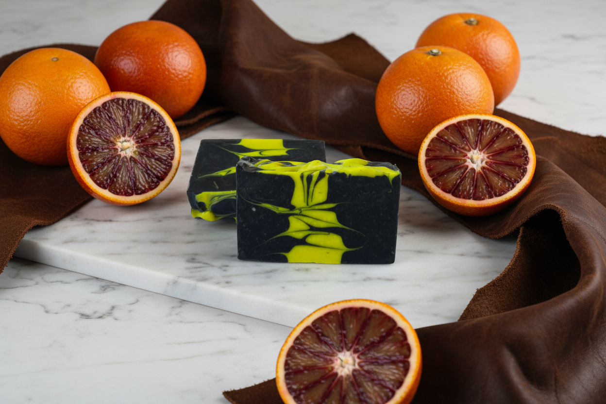 Two black and yellow marbled soap bars on a blue background