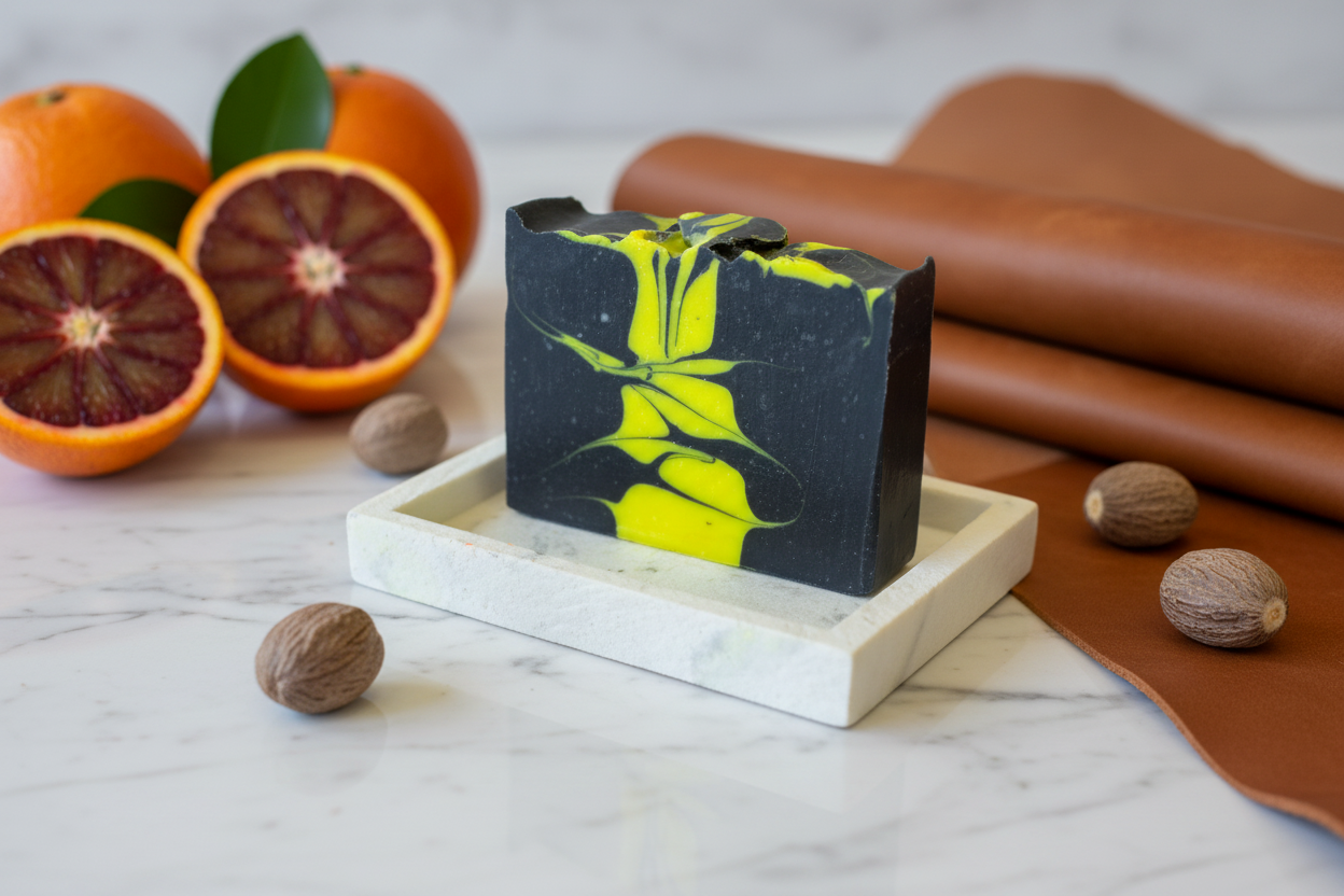 Bar of soap with black and yellow design on a white soap dish against a blue background