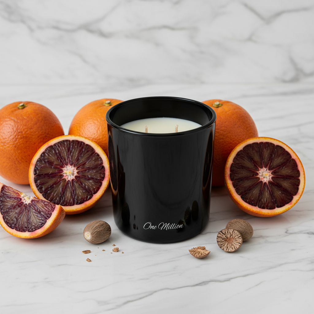 Black candle jar with 'One Million' branding on a white background