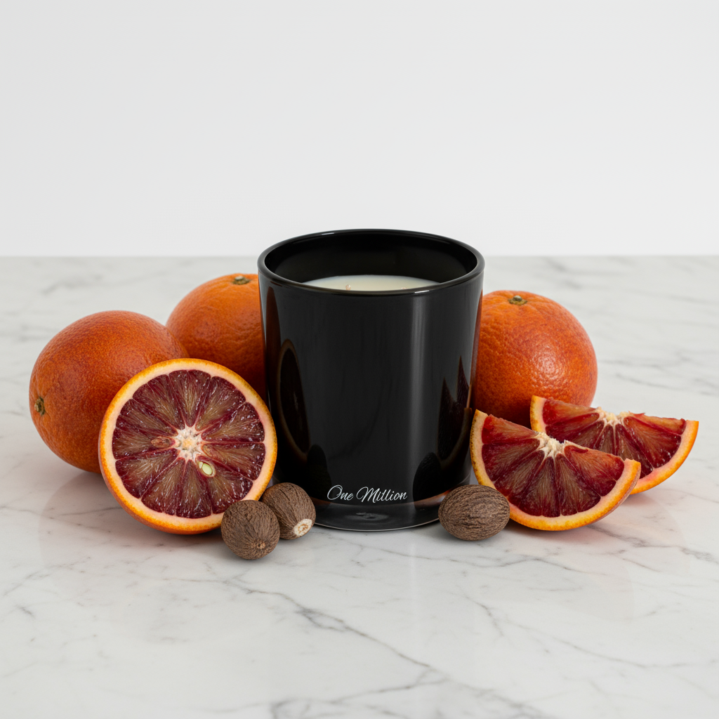 Black candle with oranges and blood oranges on a marble surface