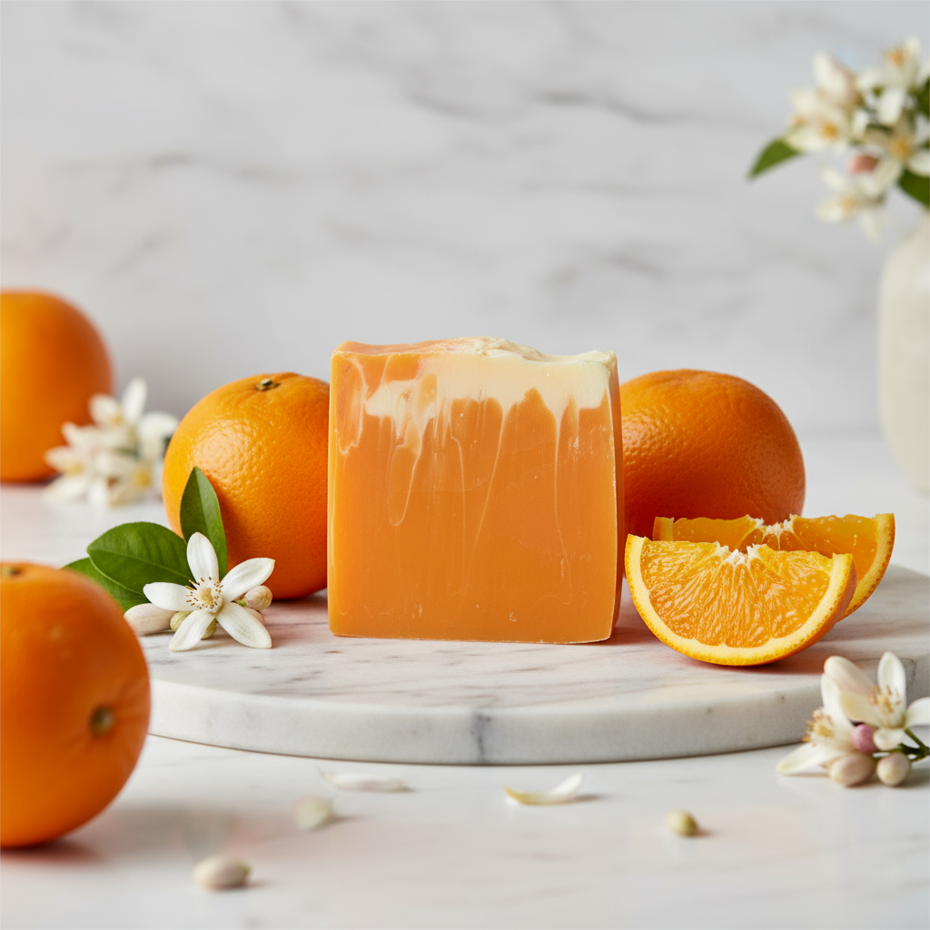 Bar of orange-colored soap on a marble surface with oranges and flowers.