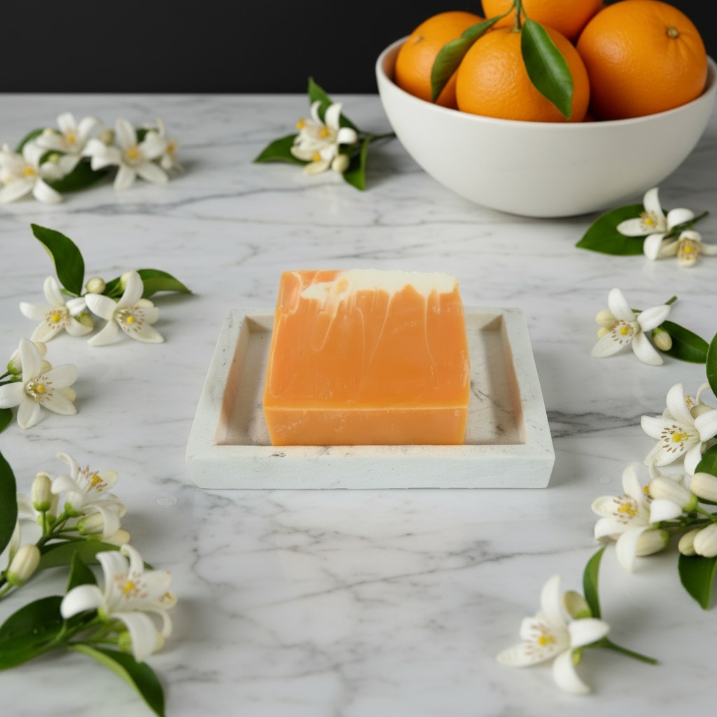 Orange soap bar on a white dish with a white background
