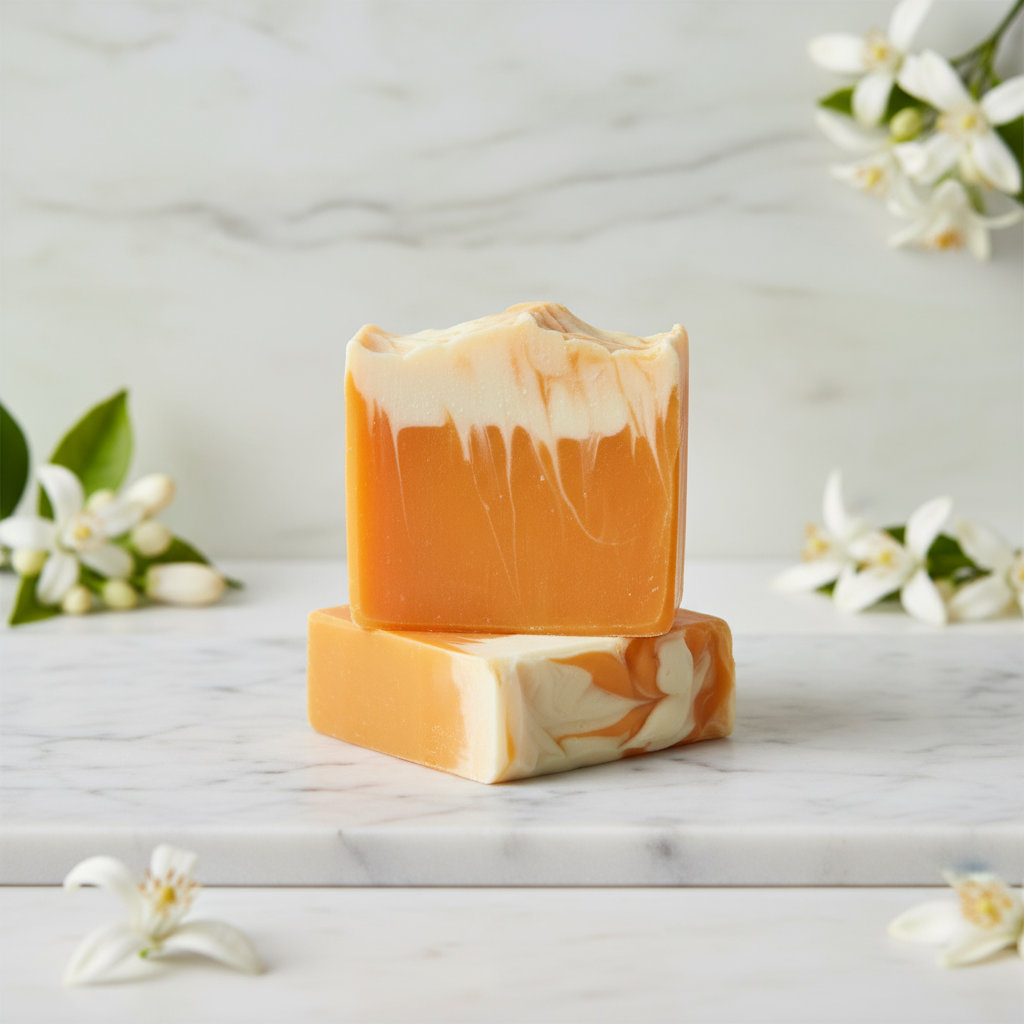Two bars of orange and white marbled soap on a marble surface with flowers in the background