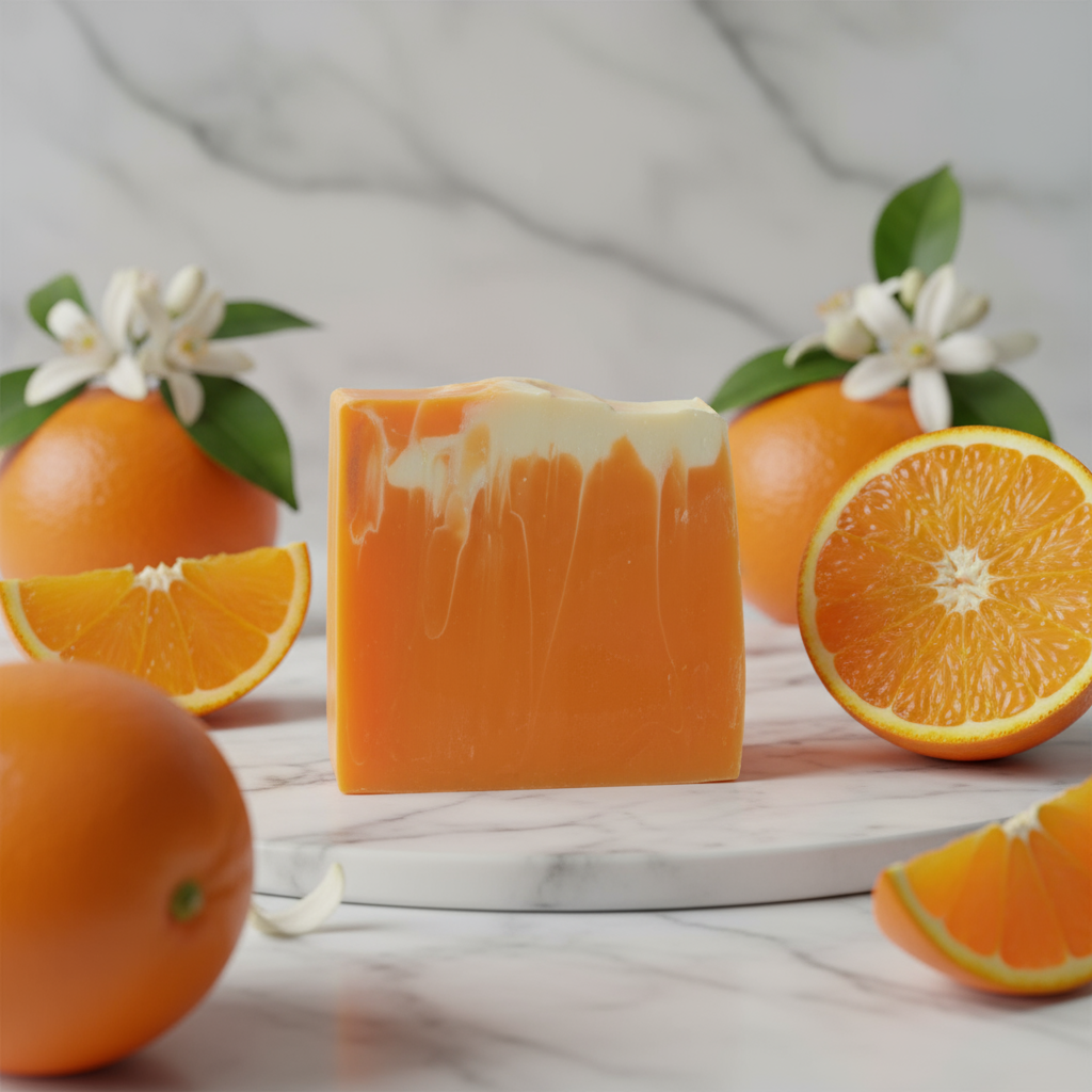 Bar of orange-colored soap with oranges and flowers on a marble surface