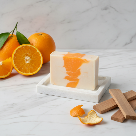 Bar of soap with orange design on a white tray against a blue background