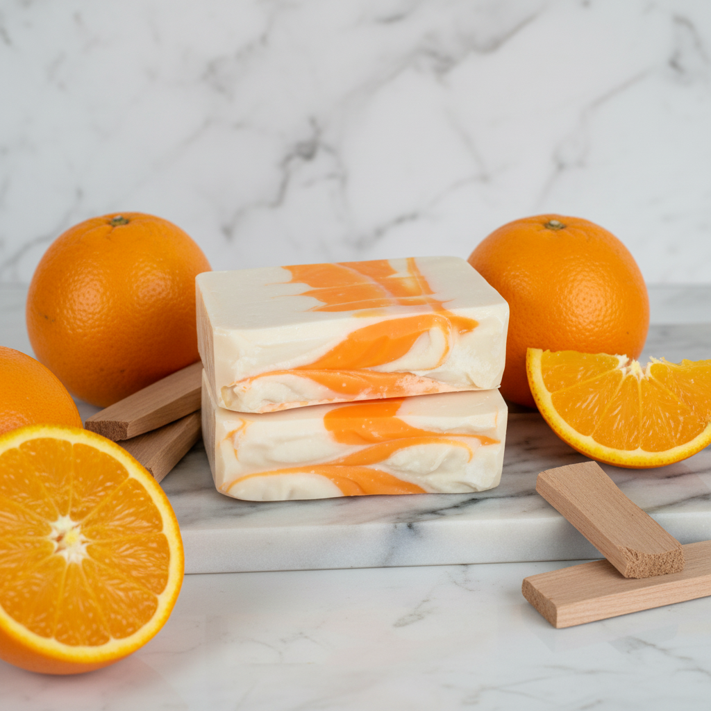 Two bars of orange-swirl soap with oranges on a marble surface