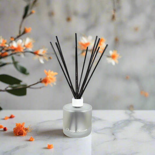 Diffuser with black sticks in a clear container on a white background