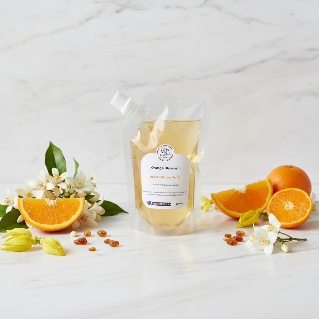 A refill pouch of VIP Naturally Orange Blossom Blood Diffuser Refill, filled with a pale yellow liquid, shown against a solid blue background.