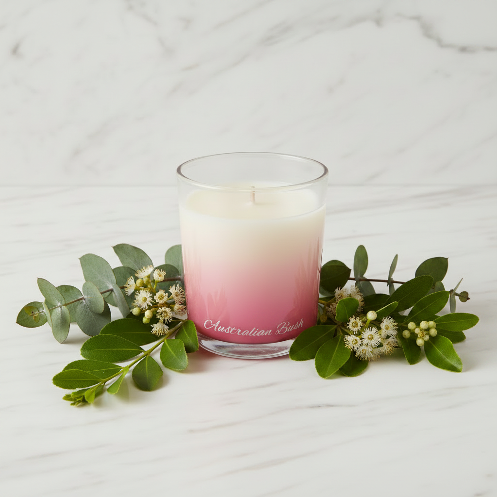 Candle in a glass container with a gradient design and 'Australian Bush' text on a white background