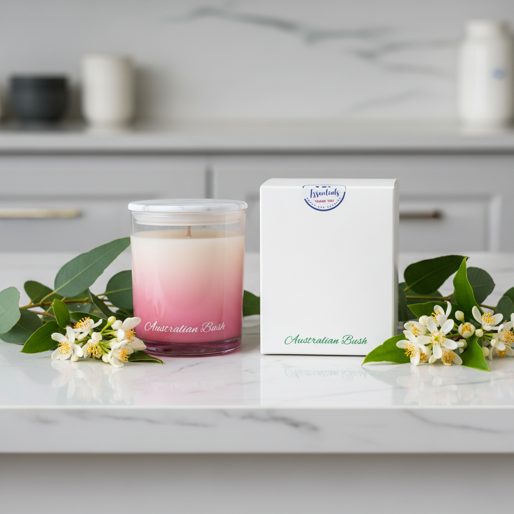 Candle with a gradient design and packaging labeled 'Australian Bush' on a white background