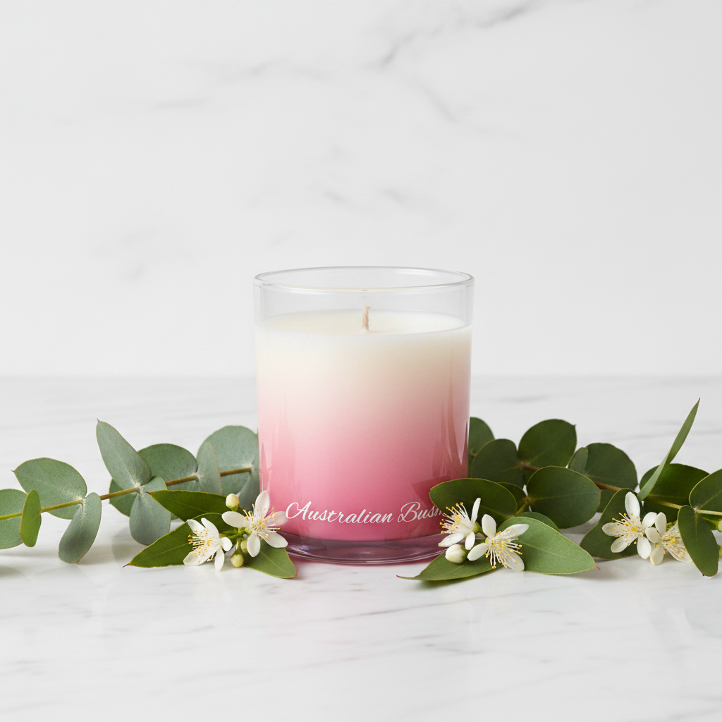 Candle with a gradient design and 'Australian Bush' text on a white background