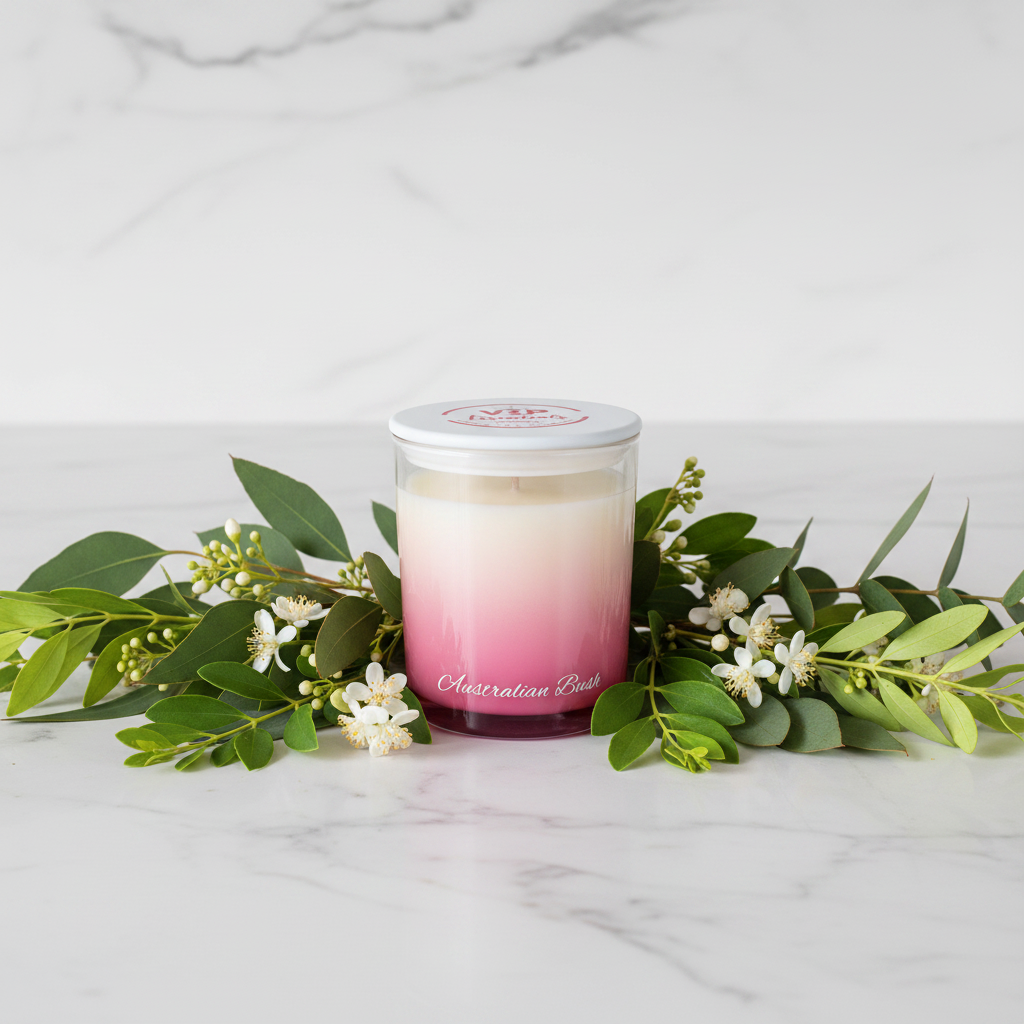 Candle with gradient design and 'VIP Essentials' branding on a white background