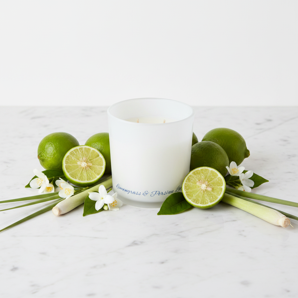 White candle in a glass container on a blue background