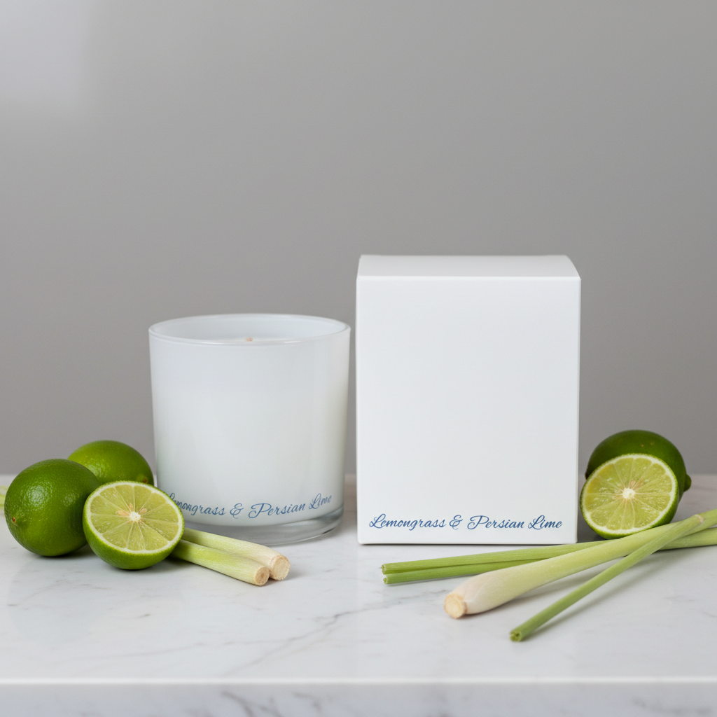 White candle and packaging with 'Lemongrass & Persian Lime' text on a blue background