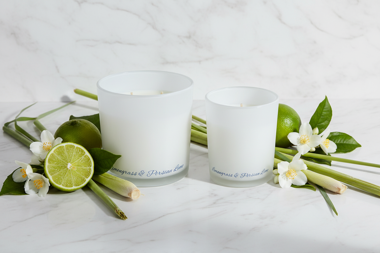 Two white candles in ceramic holders on a blue background
