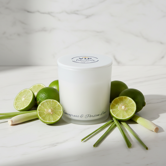 White candle in a glass jar with a blue background