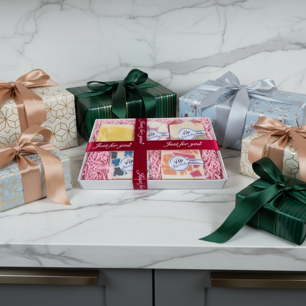 Box of soap bars with decorative ribbons on a marble surface