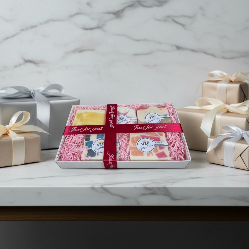 Box of assorted candies with a red ribbon on a marble surface
