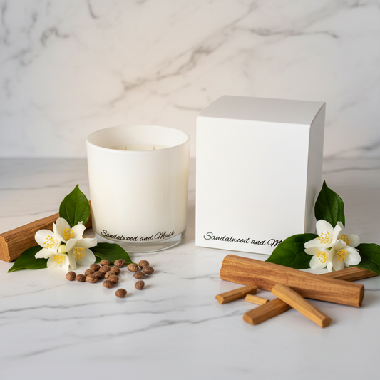 White candle and its packaging with 'Sandalwood and Musk' text on a blue background