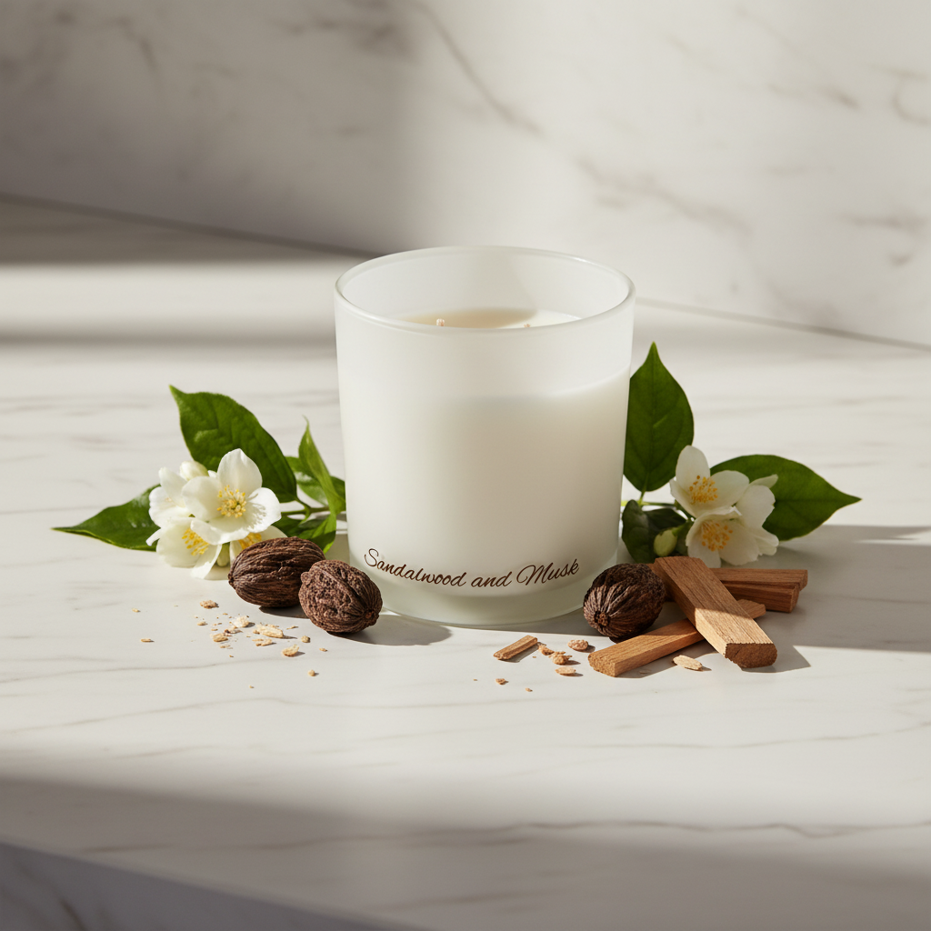 White candle in a glass container with 'Sandalwood and Musk' text on a blue background