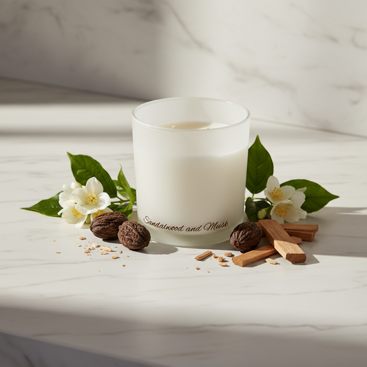 White candle in a glass container with 'Sandalwood and Musk' text on a blue background