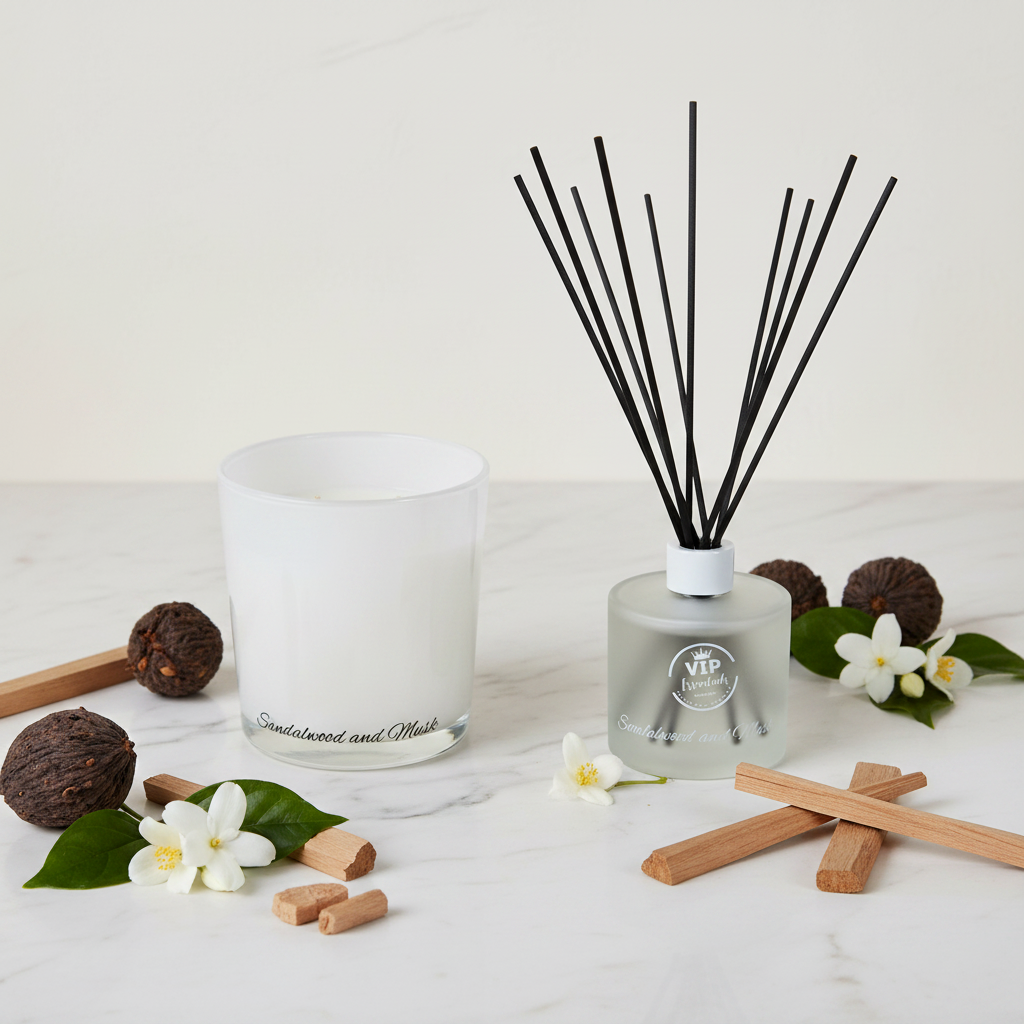 Candle and diffuser set on a blue background