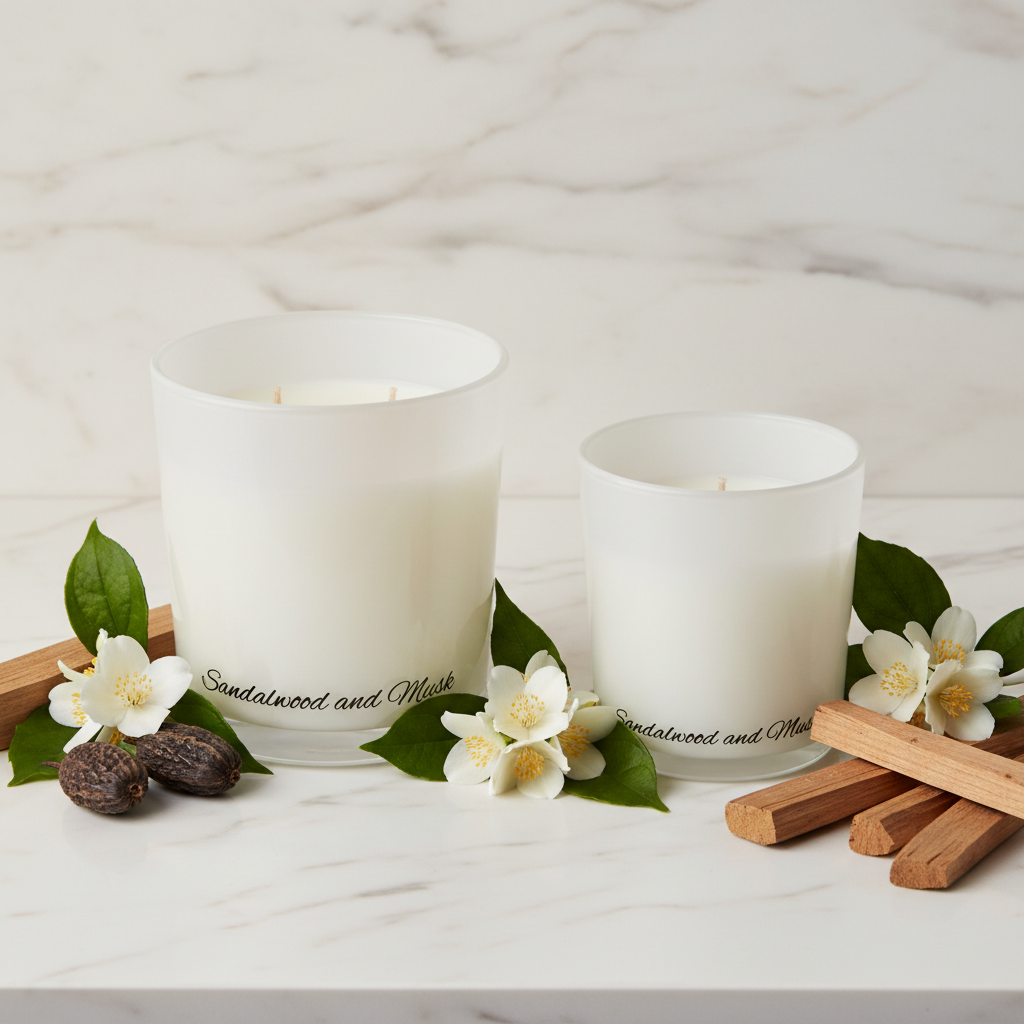 Two white candles in glass containers with 'Sandalwood and Musk' text on a blue background