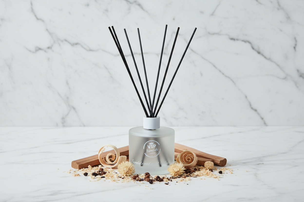 Reed diffuser with black sticks on a white marble background