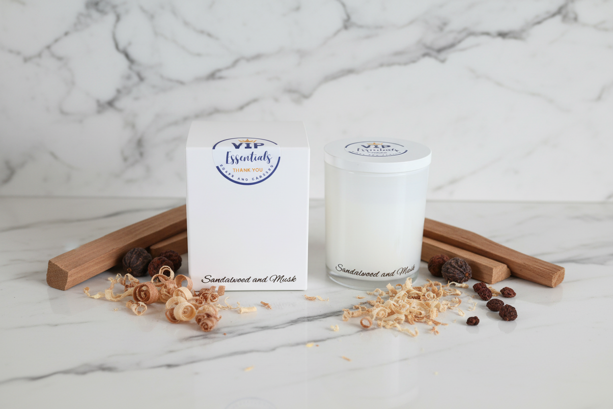 White candle with 'VIP Essentials' branding next to its packaging on a white background