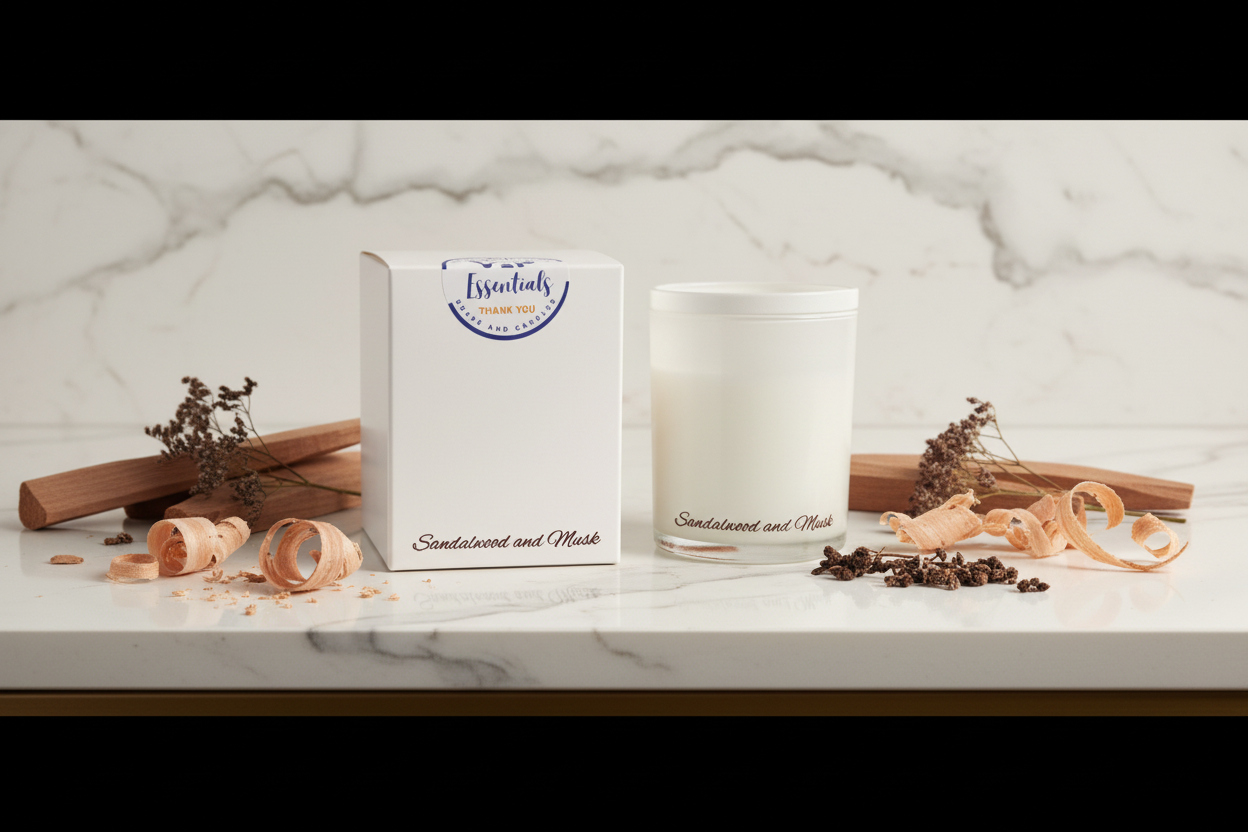 Frosted candle with 'Essentials' branding and sandalwood and musk scent on a white background
