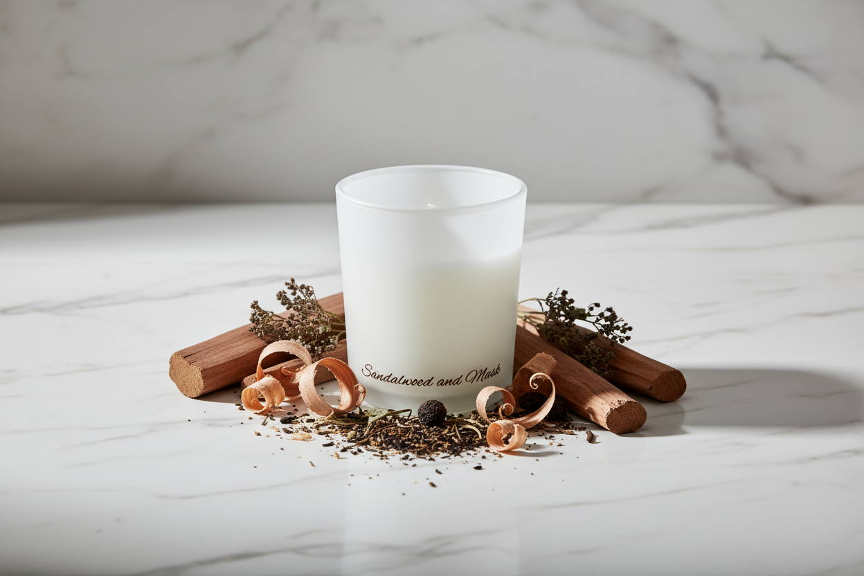 White candle in a glass container with 'Sandalwood and Musk' text on a white background