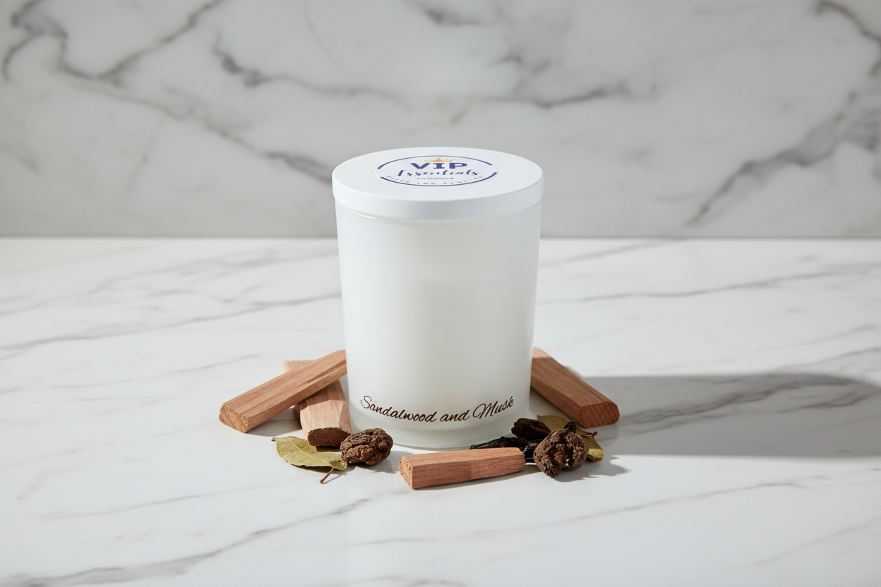 White candle jar with 'VIP Essentials' branding on a white background