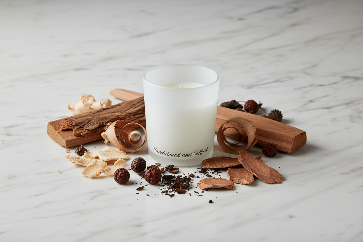 White candle with wood and spice elements on a marble surface