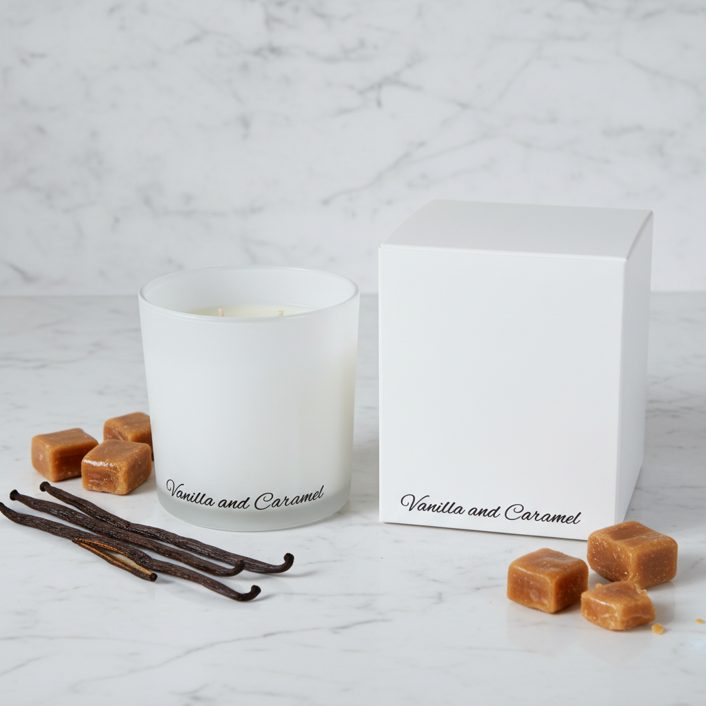 White candle with 'Vanilla and Caramel' text next to its white box on a blue background