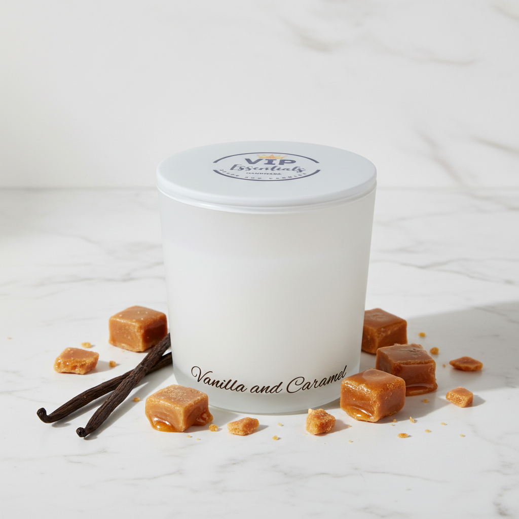 Frosted candle jar with 'VIP Essentials' and 'Vanilla and Caramel' text on a blue background