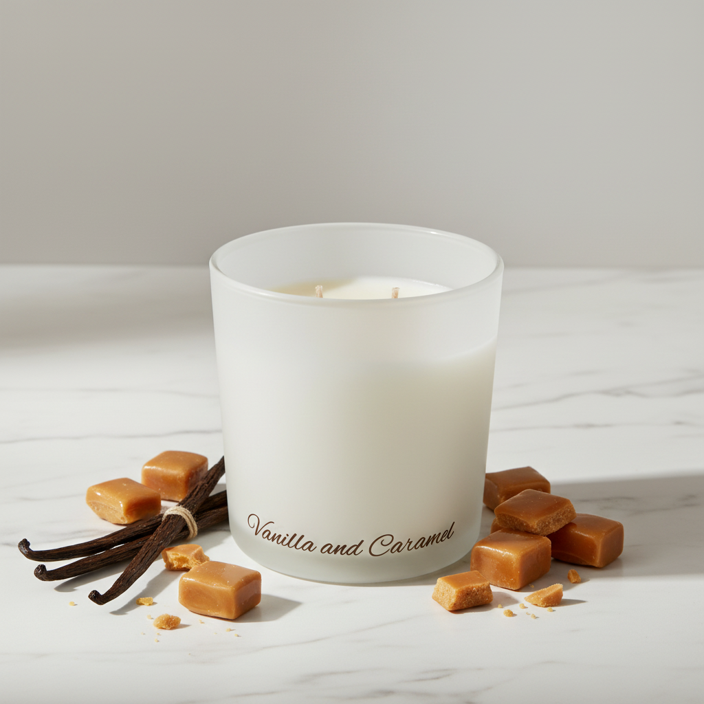White candle in a glass container with 'Vanilla and Caramel' text on a blue background