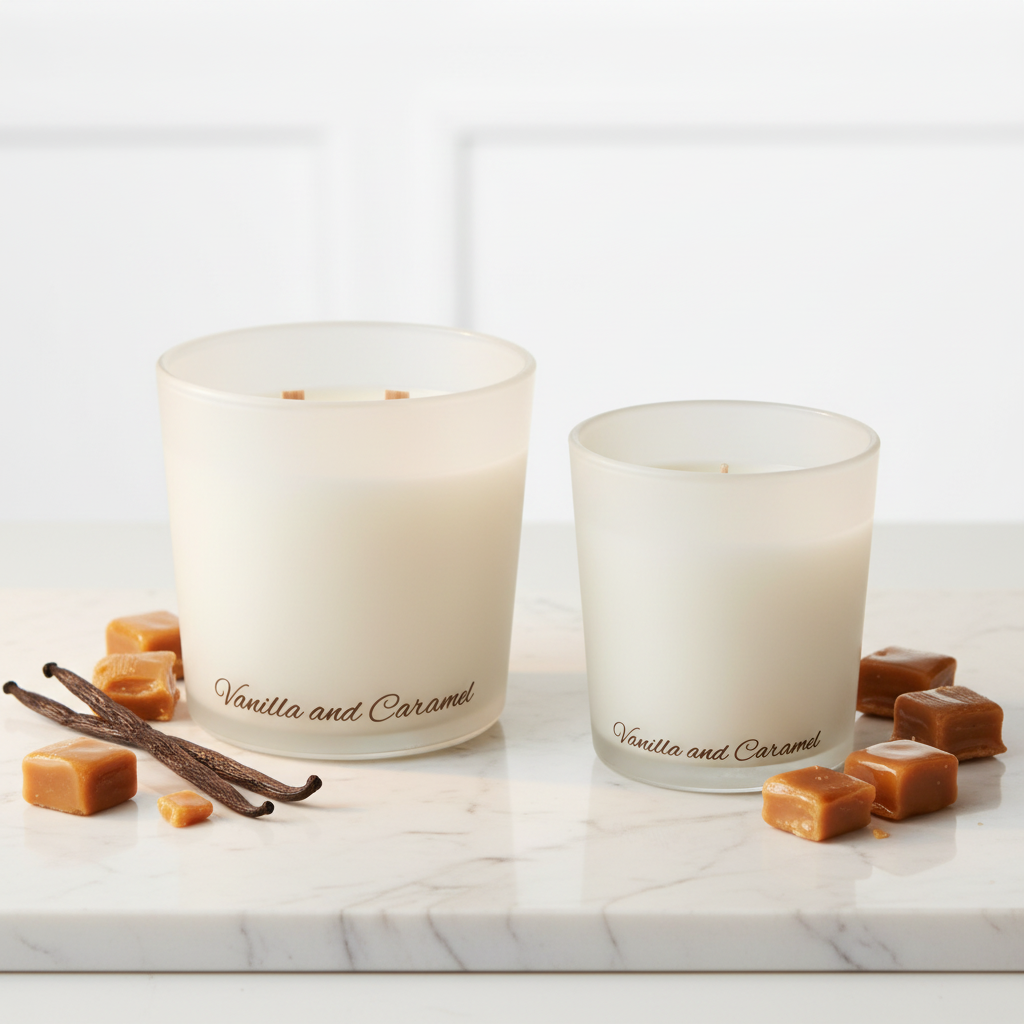 Two white candles in glass containers labeled 'Vanilla and Caramel' on a blue background