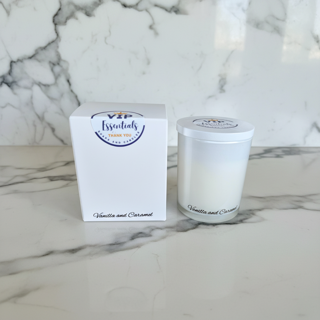 White candle with lid and packaging on a blue background