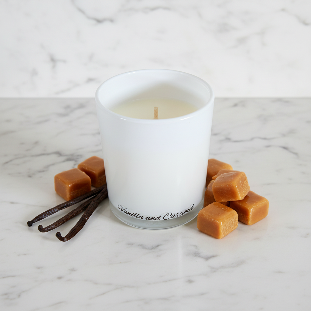 White candle in a glass container with 'Vanilla and Caramel' text on a blue background