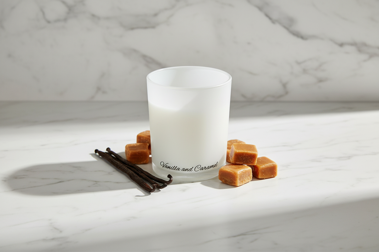 Frosted candle labeled 'Vanilla and Caramel' with vanilla beans and caramel squares on a marble surface.