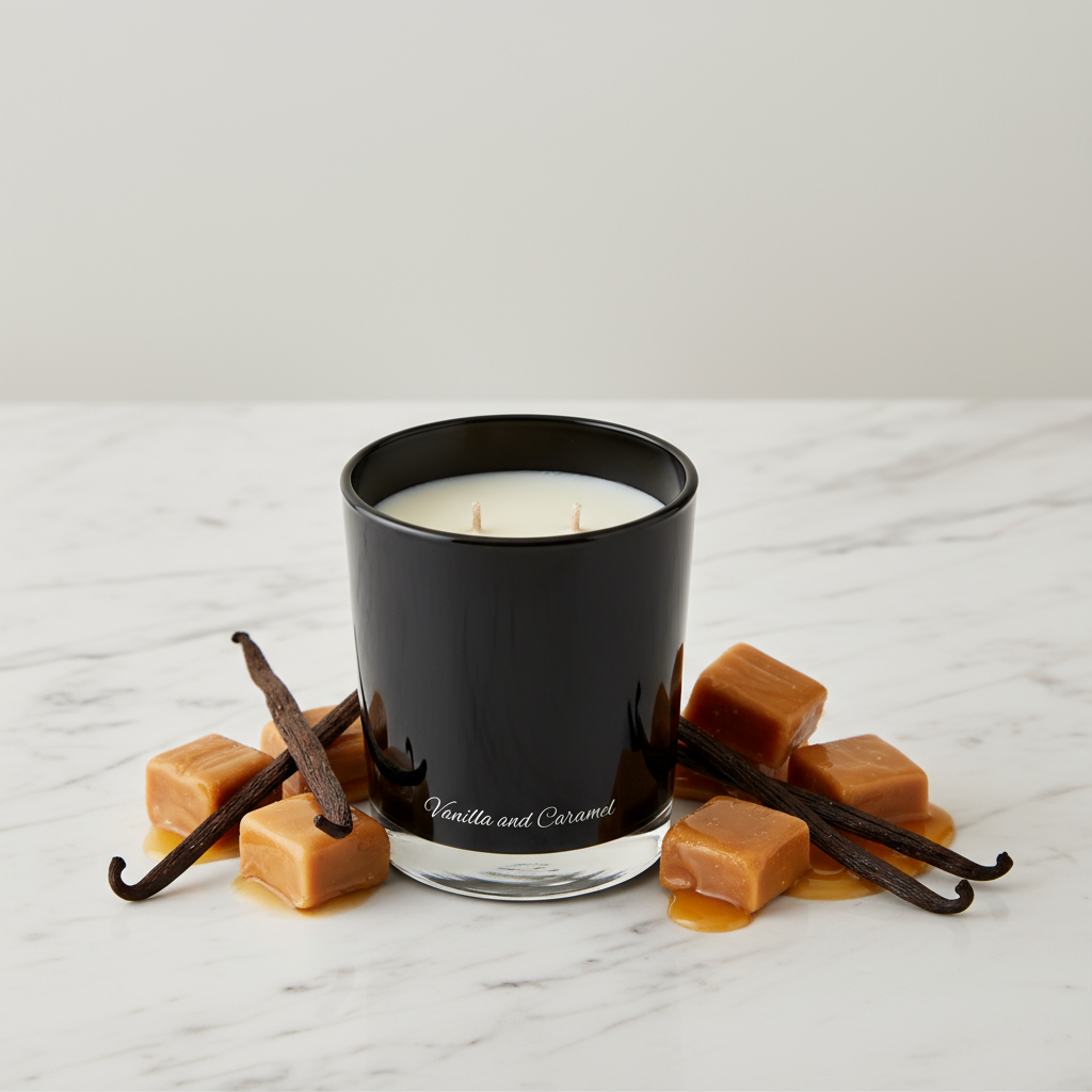 Black candle with 'Vanilla and Caramel' scent on a white background
