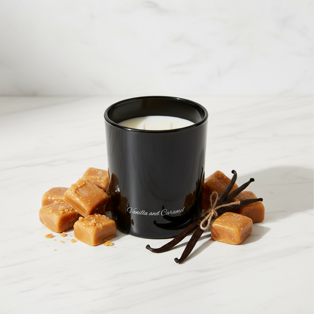 Black candle with vanilla and caramel fragrance surrounded by caramels and vanilla beans on a white background