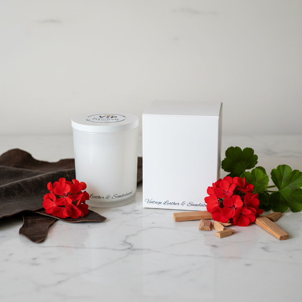 A frosted glass jar candle with a white lid next to its white cardboard packaging box, both featuring the brand name 'Vintage Butler & Scents'.