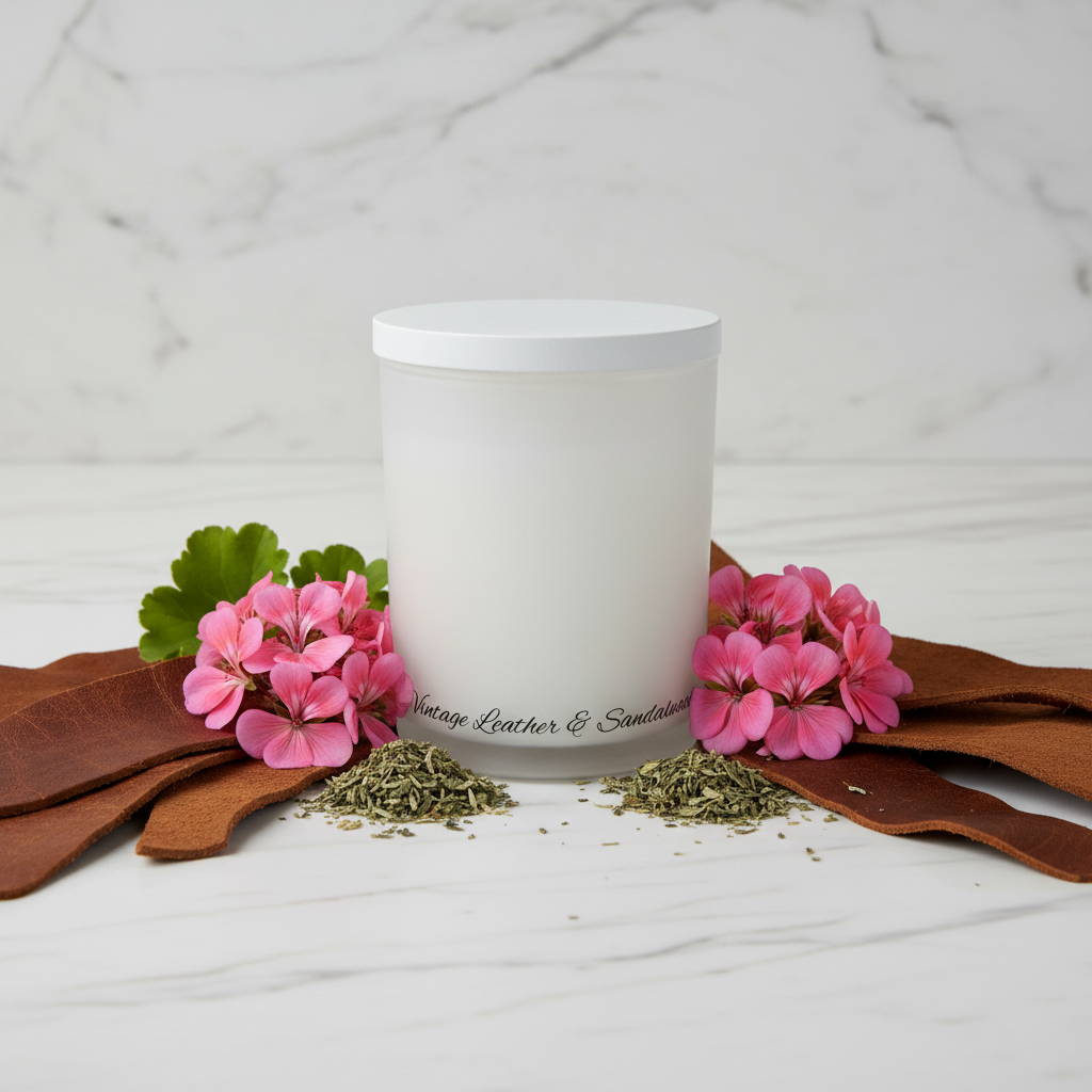 A frosted white glass jar candle with a matching white lid, featuring the text 'Vintage Leather & Sandalwood' printed in black cursive near the bottom, set against a plain white background.