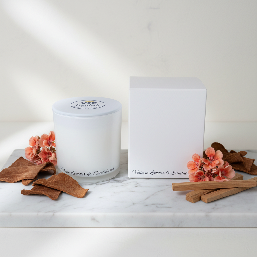 A white jar candle and its matching white box are arranged on a white marble surface with dried orange flowers and cinnamon sticks. The candle label reads 'Vintage Leather & Sandalwood' and the box is branded 'V.
